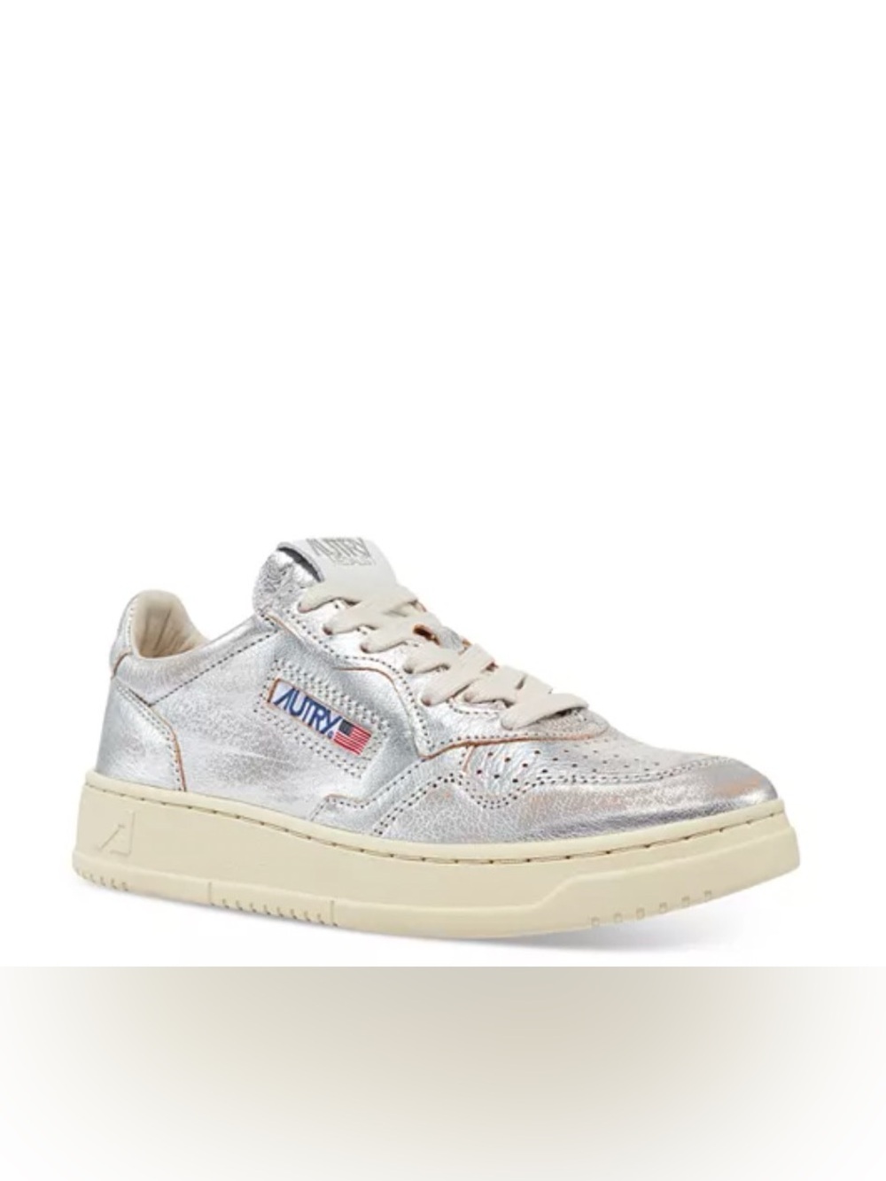 Autry Medalist Metallic Silver Leather Low Top Sneakers Size 39